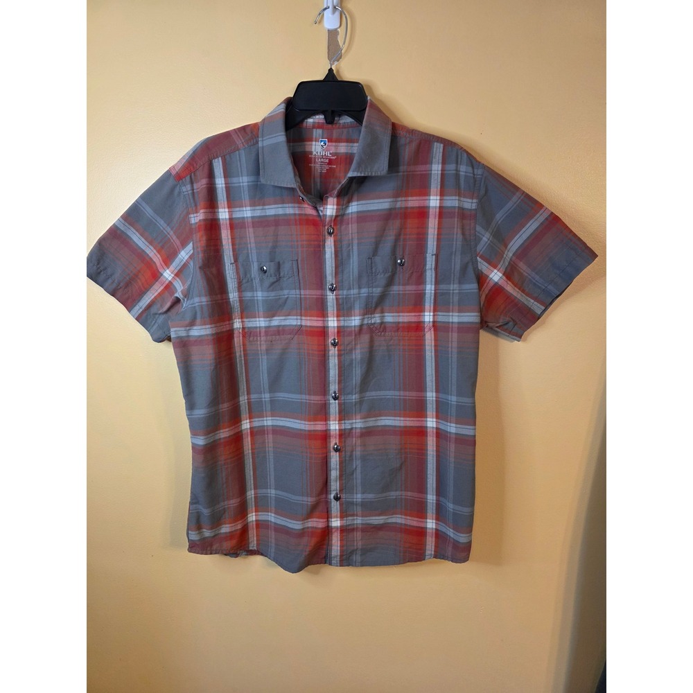 Kuhl Mens Large Tapered Fit Plaid Short Sleeve Button Down Shirt Orange Grey
